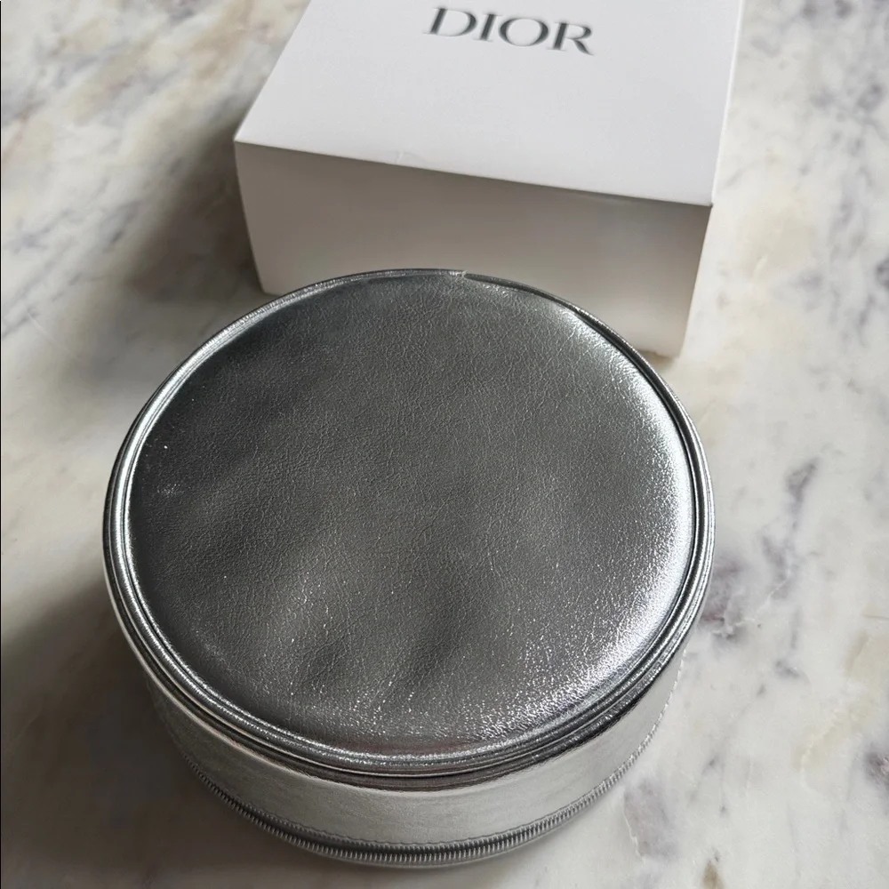 Dior // Silver Leather Round Pouch Vanity Case